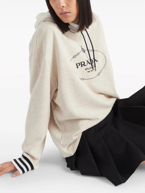 Prada logo-embroidered cotton fleece hoodie - Neutrals