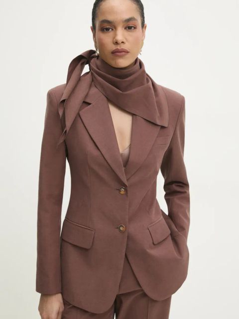 Answear.LAB marynarka taliowana z chustą kolor brązowy jednorzędowa gładka