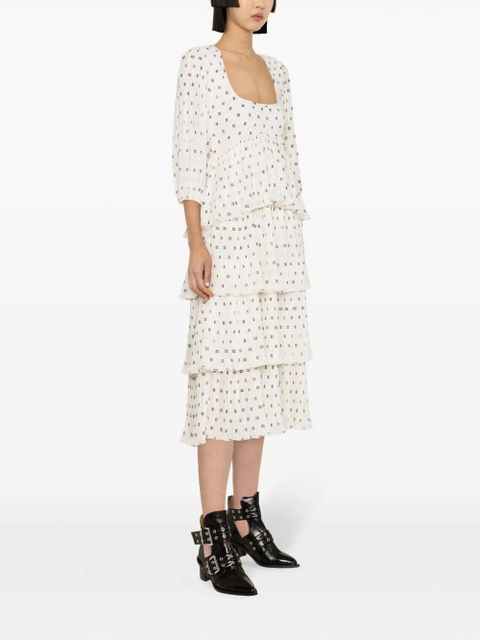 GANNI monogram-print pleated midi dress - Neutrals