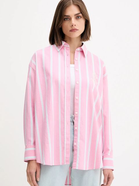 Guess Jeans koszula bawełniana damska kolor różowy relaxed z kołnierzykiem klasycznym W5YH98 WHFL1 - zdjęcie produktu nr 1