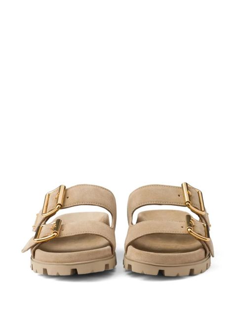 Prada triangle-logo suede slides - Neutrals