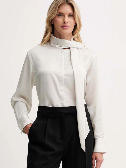 Calvin Klein koszula damska kolor beżowy regular z wiązanym dekoltem LV044D125G - zdjęcie produktu nr 1