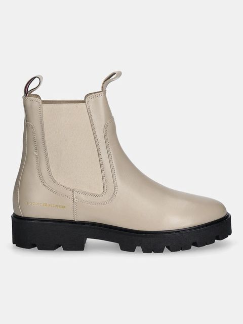 Tommy Hilfiger sztyblety skórzane TH LTHR LOW CHELSEA damskie kolor beżowy na płaskim obcasie FW0FW08775