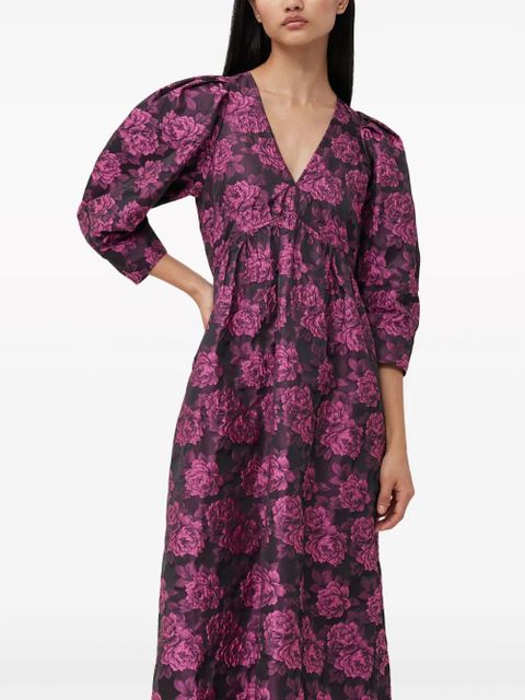 GANNI botanical-jacquard puff-sleeves midi dress - Pink