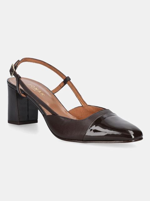 Jonak czółenka skórzane DHAPOP VERNIS/CUIR kolor brązowy na słupku z odkrytą piętą 3300259 - zdjęcie produktu nr 1