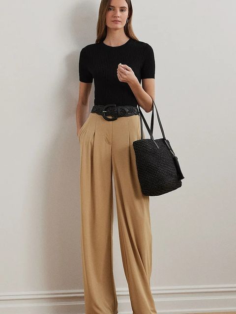 Lauren Ralph Lauren spodnie damskie kolor beżowy szerokie high waist 200980217