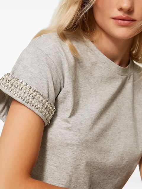 TWINSET pearl-rhinestone embellished T-shirt - Grey