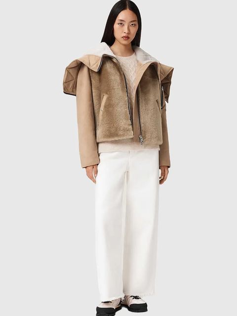 AllSaints kurtka zamszowa kolor beżowy przejściowa W062LD