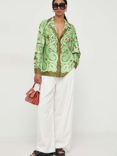 Luisa Spagnoli koszula jedwabna kolor zielony regular z kołnierzykiem klasycznym - zdjęcie produktu nr 2