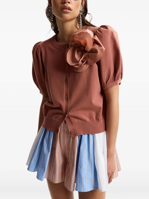 Essentiel Antwerp flower-brooch puff-sleeve cardigan - Brown