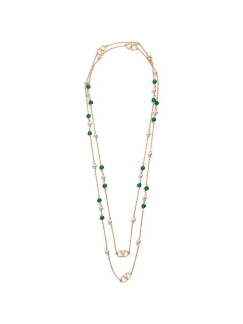 Valentino Garavani Vlogo Signature long necklace in metal, pearls and knurled glass - Gold - zdjęcie produktu nr 1