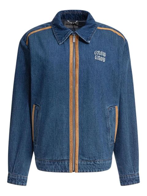 Miu Miu embroidered-logo suede-trimmed denim jacket - Blue - zdjęcie produktu nr 1