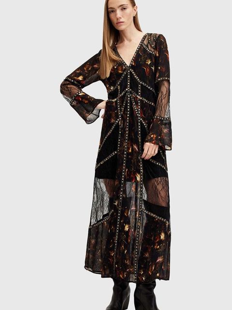 AllSaints sukienka BRYN kolor czarny maxi rozkloszowana W065DB