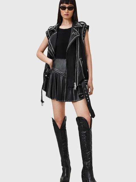 AllSaints bezrękawnik skórzany BILLIE kolor czarny przejściowa oversize W051LC