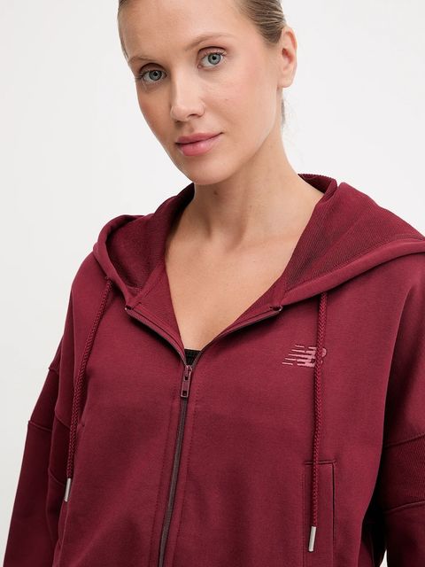 New Balance bluza bawełniana damska kolor bordowy z kapturem gładka WJ51506MHB