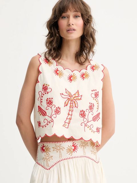 Never Fully Dressed bluzka bawełniana damska kolor beżowy z aplikacją NFDTO1682 - zdjęcie produktu nr 1