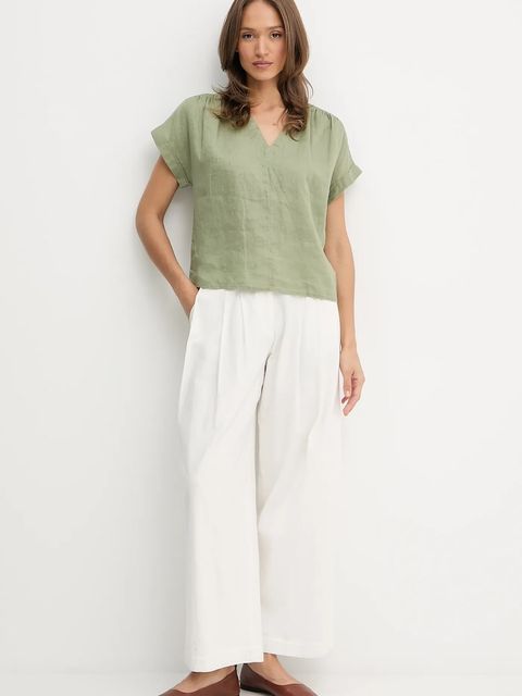 United Colors of Benetton bluzka lniana damska kolor zielony gładka 5BMLDQ0BR - zdjęcie produktu nr 2