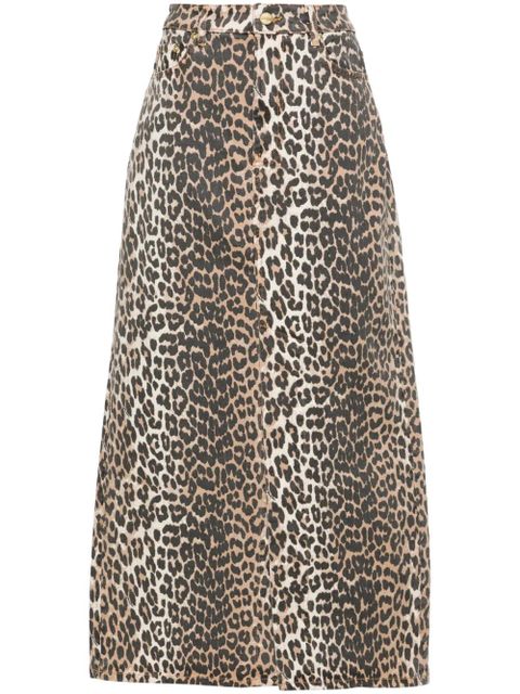 GANNI high-waisted leopard-print denim midi skirt - Neutrals - zdjęcie produktu nr 1