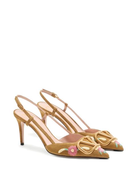Valentino Garavani VLogo Signature slingback pumps in crust leather with floral embroidery 80mm - Brown