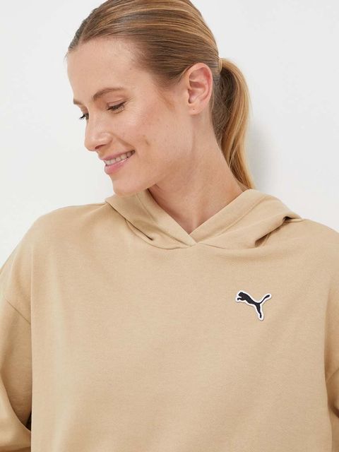 Puma bluza bawełniana BETTER ESSENTIALS damska kolor beżowy z kapturem gładka 675988