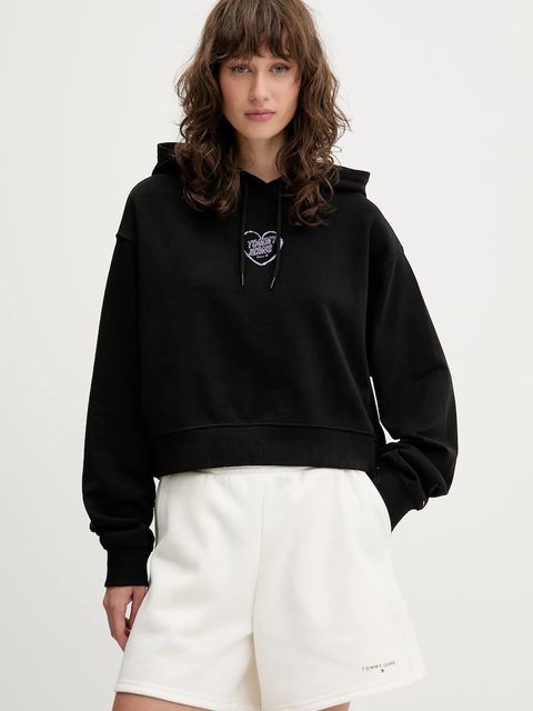 Tommy Jeans bluza bawełniana damska kolor czarny z kapturem z nadrukiem DW0DW21408 - zdjęcie produktu nr 1