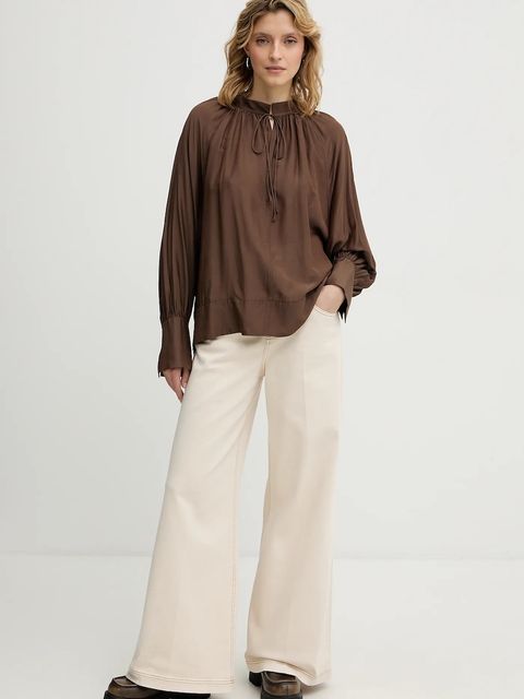 MUNTHE bluzka z dodatkiem jedwabiu ROSEBERGER damska kolor brązowy gładka 254102925427 - zdjęcie produktu nr 2