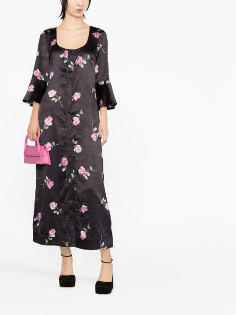 GANNI floral-print crinkled midi dress - Black