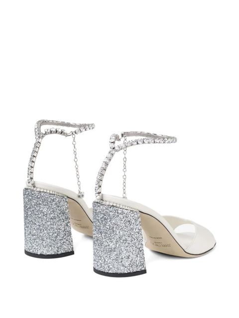 Jimmy Choo 85mm Saeda crystal-embellished glitter-heel sandals - White