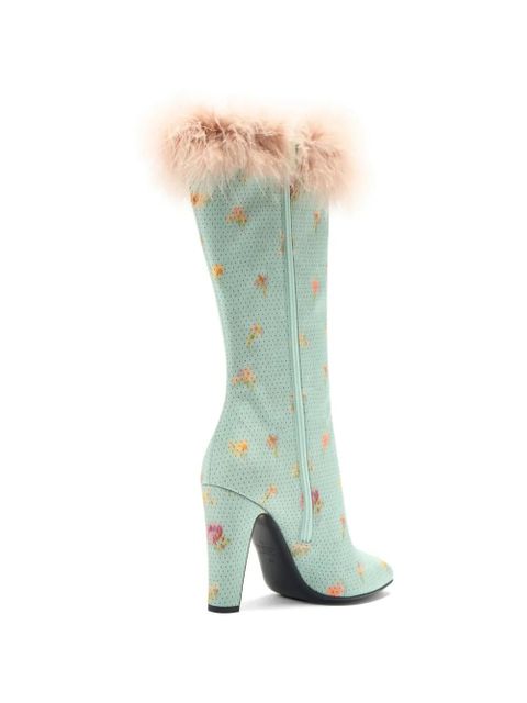 Valentino Garavani Hotty feather-trim floral-print boots - Blue