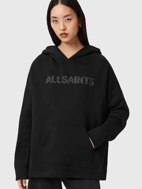 AllSaints bluza bawełniana damskie kolor czarny z kapturem z nadrukiem W118JD - zdjęcie produktu nr 1