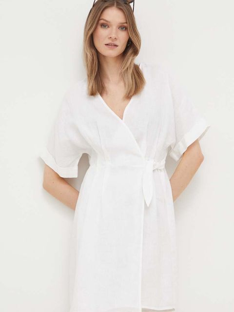 United Colors of Benetton sukienka lniana kolor biały mini rozkloszowana