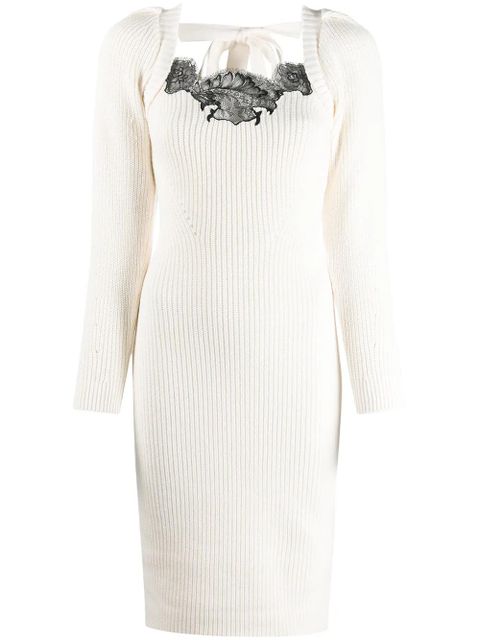 Self-Portrait lace-trimmed ribbed dress - White - zdjęcie produktu nr 1