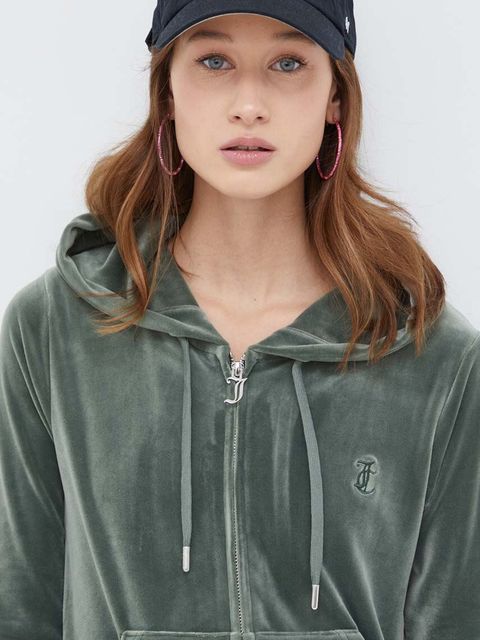 Juicy Couture bluza welurowa kolor zielony z kapturem gładka
