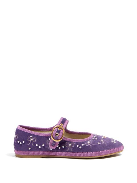 Valentino Garavani Mary-Jane endouce velvet ballerina with bow embroidery - Purple - zdjęcie produktu nr 1