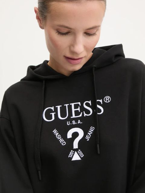 Guess bluza ROBERTA damska kolor czarny z kapturem z aplikacją V5RQ11 KC3D2