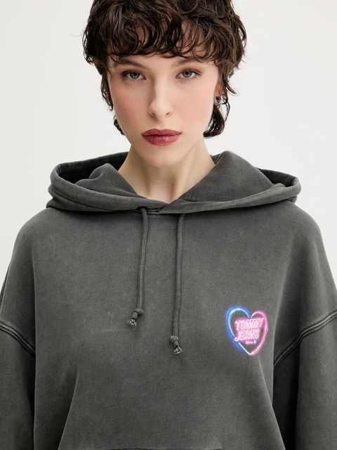 Tommy Jeans bluza bawełniana damska kolor szary z kapturem wzorzysta DW0DW20945