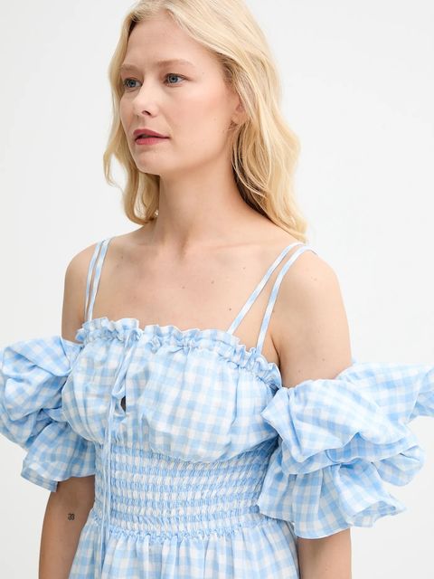 The Sleeper sukienka lniana kolor niebieski midi rozkloszowana ALDR01G027N