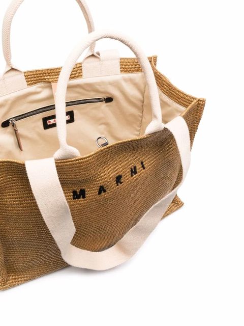 Marni logo-embroidered raffia tote bag - Brown