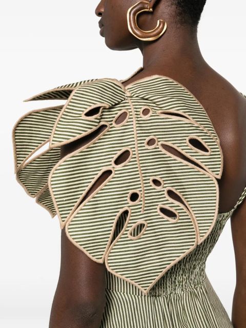 FARM Rio striped leaf-detail midi dress - Neutrals