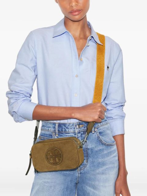 Tory Burch Miller logo-plaque suede crossbody mini bag - Brown