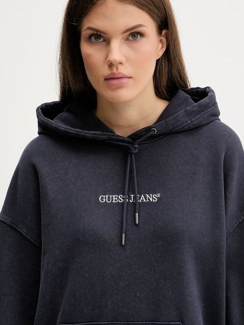 Guess Jeans bluza bawełniana damska kolor granatowy z kapturem z aplikacją W5BQ15 KCPR1