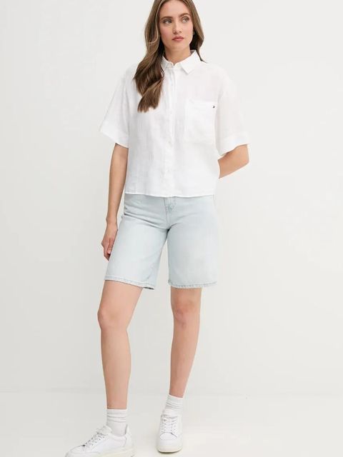 Tommy Hilfiger koszula lniana damska kolor beżowy relaxed z kołnierzykiem klasycznym WW0WW44720 - zdjęcie produktu nr 2