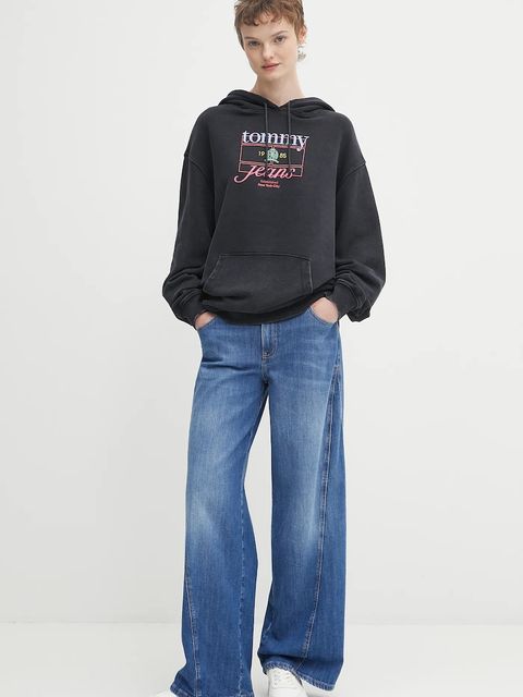 Tommy Jeans bluza bawełniana damska kolor czarny z kapturem z nadrukiem DW0DW22169 - zdjęcie produktu nr 2