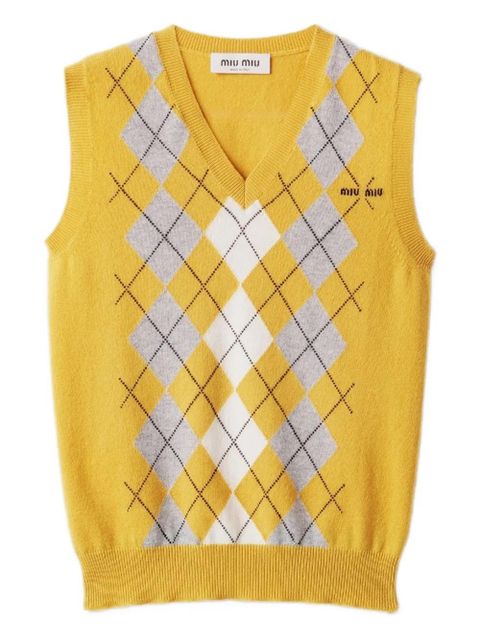 Miu Miu argyle intarsia cashmere vest - Yellow - zdjęcie produktu nr 1