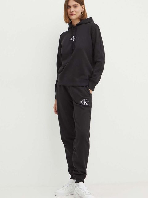 Calvin Klein Jeans bluza damska kolor czarny z kapturem z aplikacją J20J223536