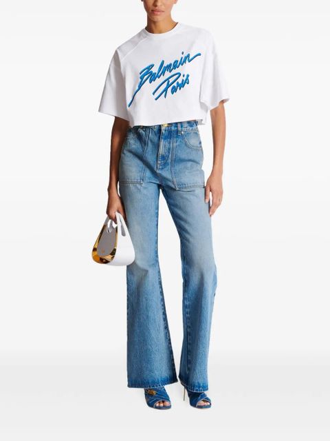 Balmain logo-flocked cropped T-shirt - White