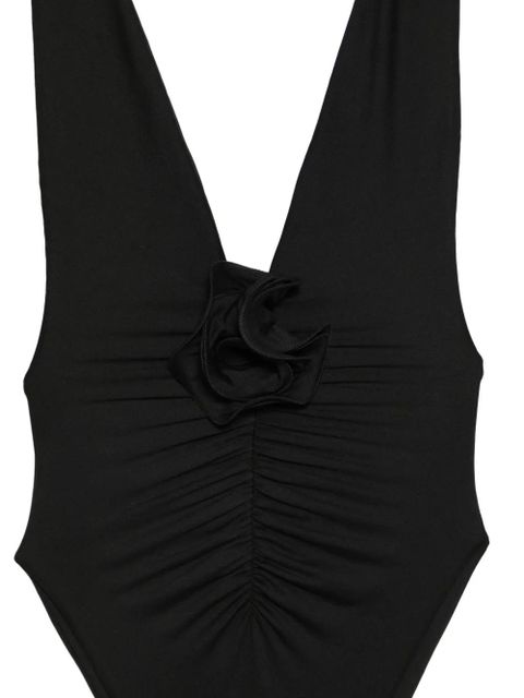 La Reveche Samira ruched floral-appliqué swimsuit - Black
