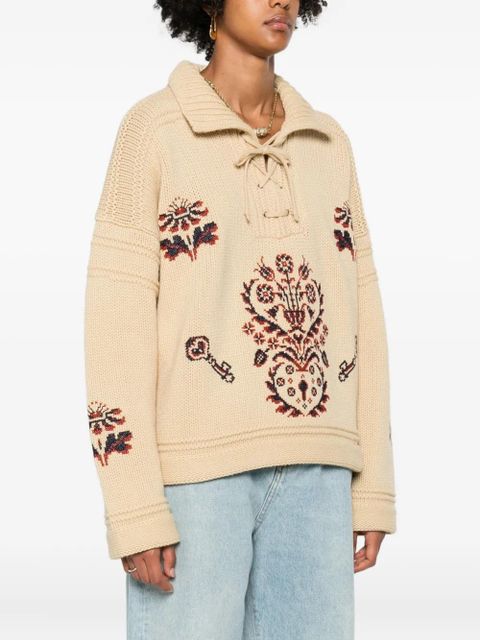 ETRO lace-up embroidered sweater - Neutrals