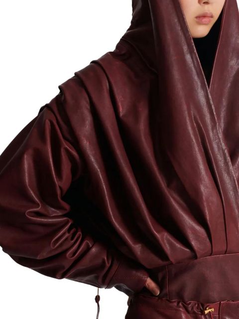 Balmain hooded draped leather mini dress - Red