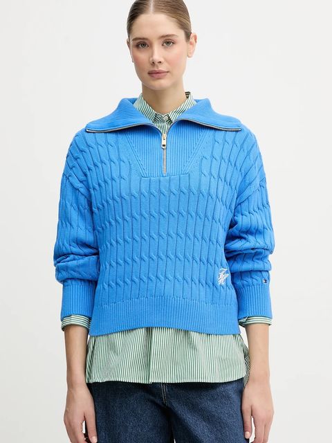 Tommy Hilfiger sweter bawełniany damski kolor niebieski z golfem WW0WW47643 - zdjęcie produktu nr 1